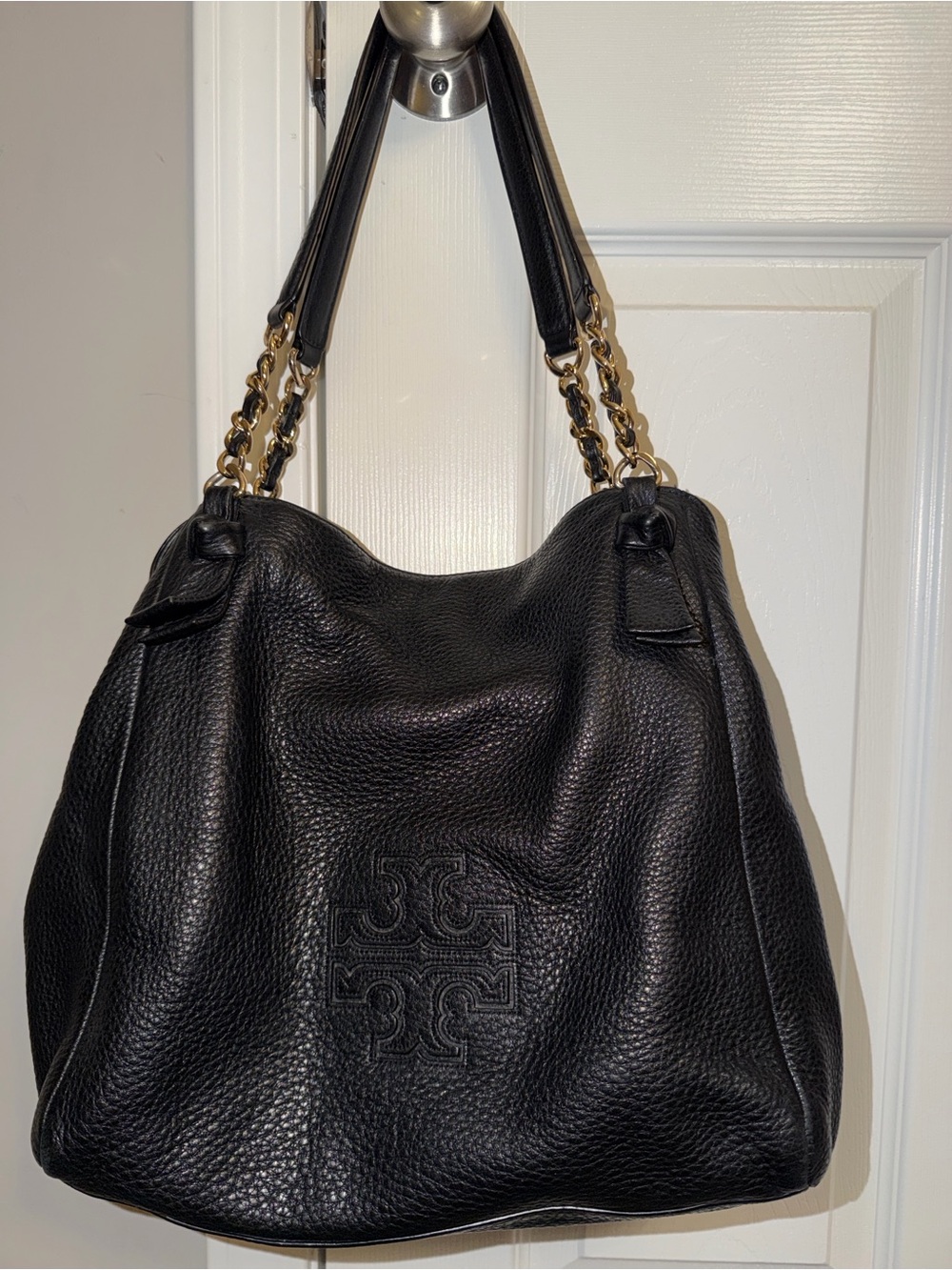 Tory Burch Black Pebbled Leather Shoulder Bag with Gold Chain Accents